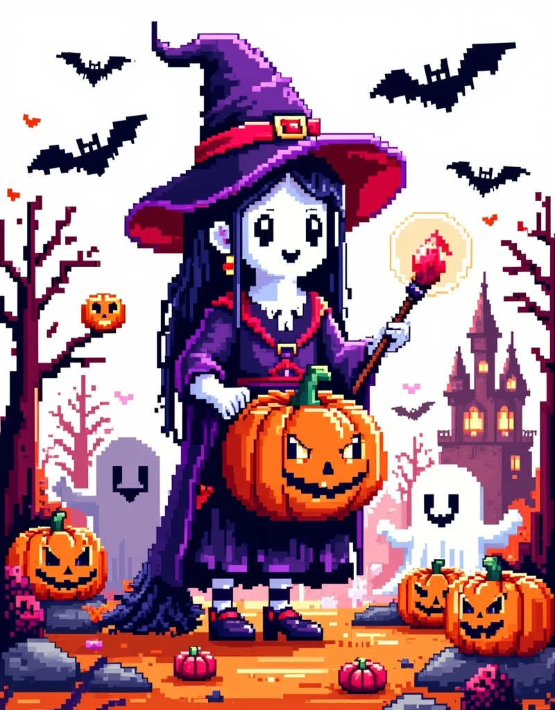 Halloween，Pixel World ，Little Witch ，Jack-o'-lantern， Halloween accessories ，bat，ghost，candy，castle， Magic Wand， Mysterious Monster ， 90s FC red and white machine，Pure white background，The Q version is cute，Warm fantasy ，Dopamineism，Dopamine color matching，Facing the screen，High Saturation， high contrast ， high definition，8k，Extreme details，Pixel