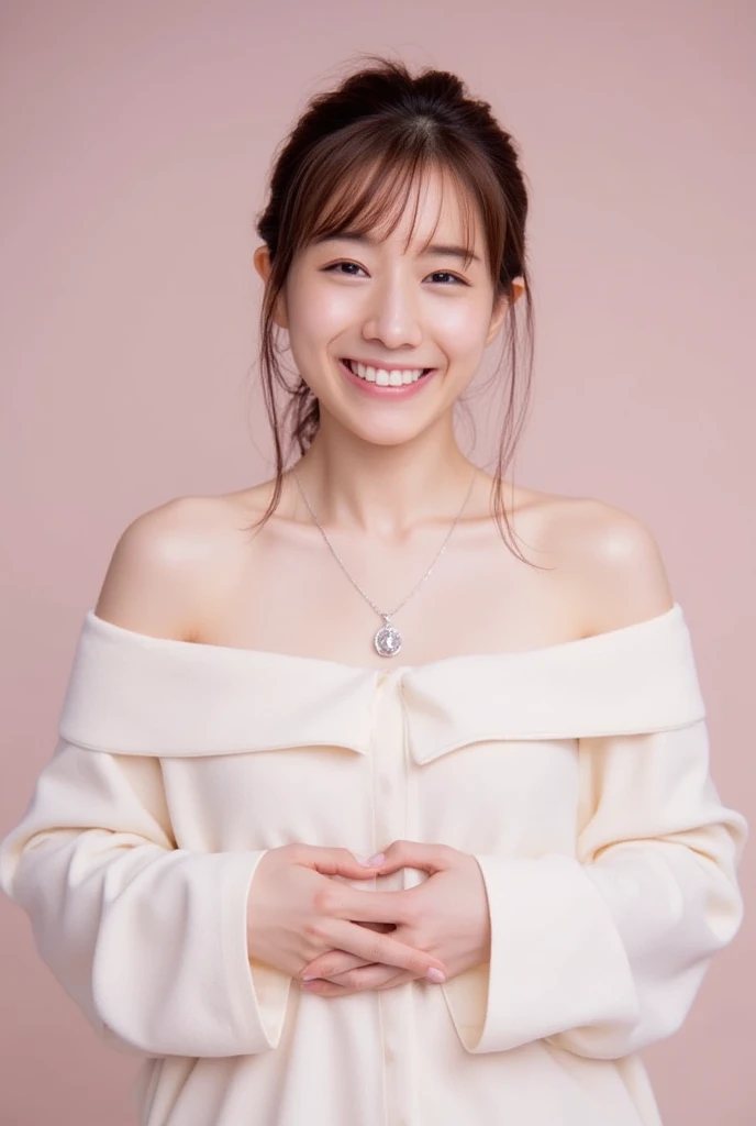 They are wearing off-shoulder pajamas, making a firm big heart shape with both hands, and holding them in front of their chest, View above collarbone、Throat up for a cute smile、Monotone background

