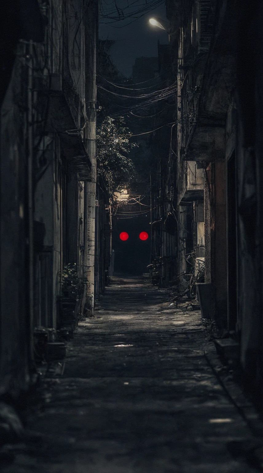 dark alley background in the night, orange lights, mystery atmosphere, real life, high definition, cinematic, thriller