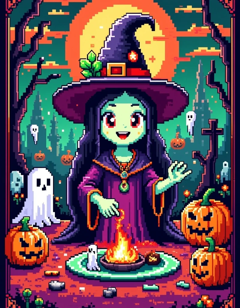 Retro Pixel Games ，Halloween Night，（ Various vegetables are cleverly combined into a cute witch making potions），（pixel style），Food sculptures ，Unique shape，Colorful，Bright colors， Standing on a high-end transparent jade plate ， A spooky cemetery ， Plaid tablecloth ，Detailed depiction， Advanced filters ， octane rendering ， High Saturation Color ， Ethereal and weird background ，Cover Art， Gorgeous Pixel Art ， Magical fantasy art ，Halloween elements，Red and white machine，8-bit pixels， pixel style 