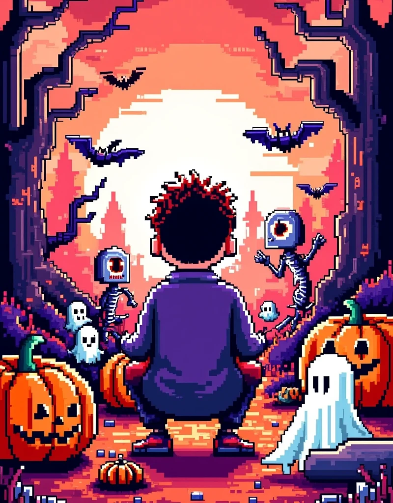 Halloween，(Pixel World:1.3)， A kid is playing video games in the room， Little Pumpkin Monster accompanies him ， Halloween accessories ，ghost，Skeleton， Mechanical bats，Will-O-Wisp，Halloween props ，Pure white background，The Q version is cute，Intense，Warm fantasy ， 90s FC red and white pixel game ，Dopamineism，Dopamine color matching，Facing the screen，High Saturation， high contrast ， high definition，8k，Extreme details，(pixel style)