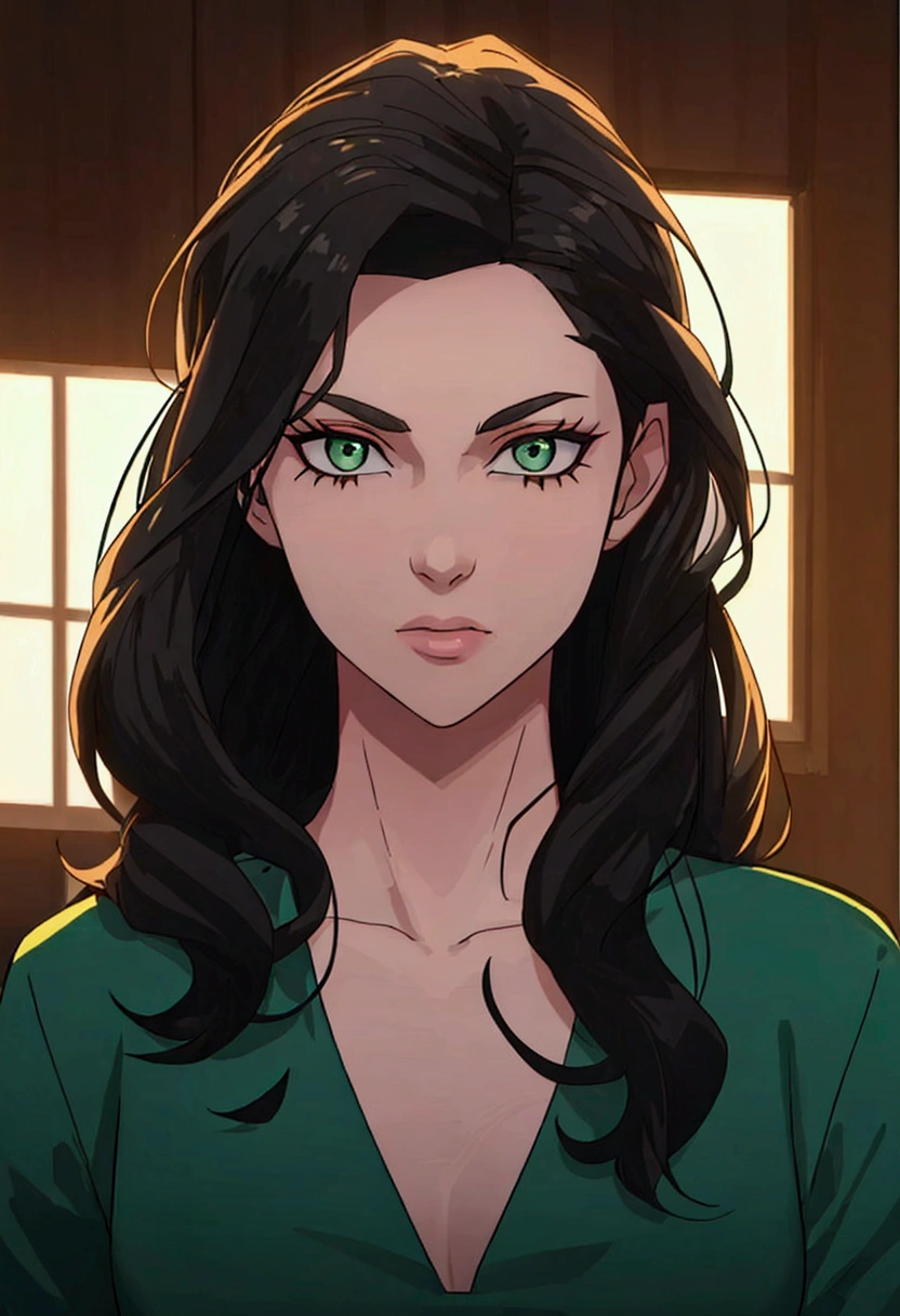  a girl, king, Tune, with long black hair and dark green eyes,black shirt
