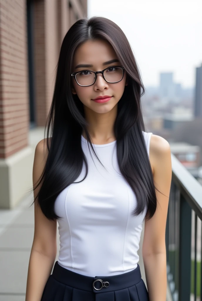 Medium-shot of a youthful woman, her dark locks cascading down to her shoulders, bespectacled gaze focused forward. She stands tall in a crisp white top and flared skirt, her petite frame filling the frame. The blurred background features a city building's edge, with an American Cityscape visible on the right side.