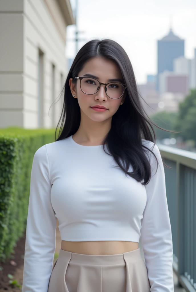 Medium-shot of a youthful woman, her dark locks cascading down to her shoulders, bespectacled gaze focused forward. She stands tall in a crisp white top and flared skirt, her petite frame filling the frame. The blurred background features a city building's edge, with an American Cityscape visible on the right side.