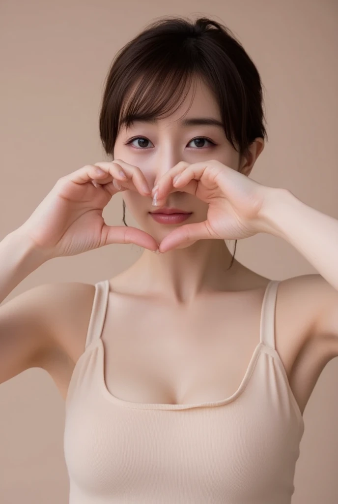 She is in a pose wearing a camisole, making a firm big heart shape with both hands, and holding it in front of her chest, View above collarbone、Throat up for a cute smile、Monotone background

