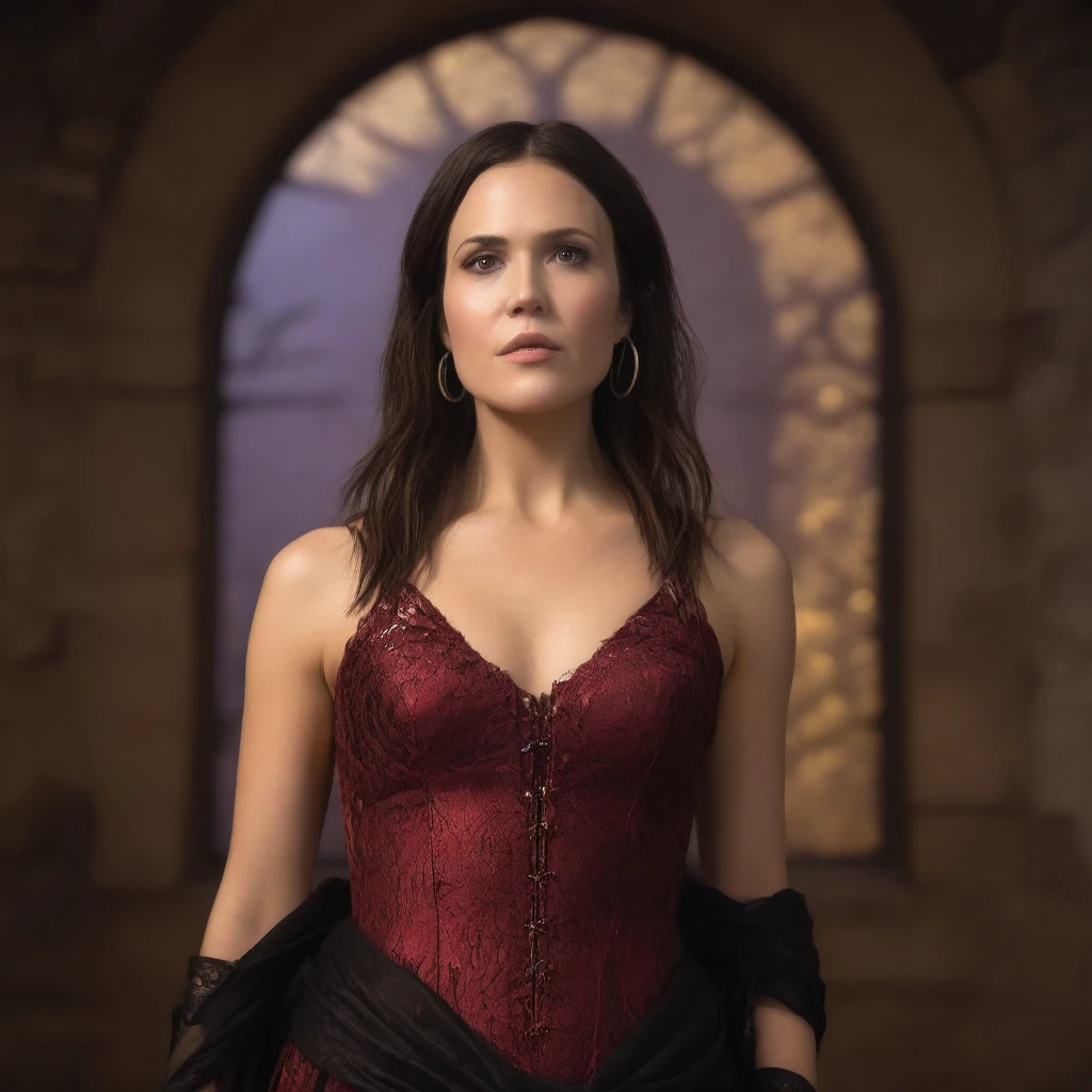 best quality, highres, 8k, masterpiece, photography, detailed midbody photorealistic portrait of Mandy Moore as Morrigan from Dragon Age, standing by an arched window in her castle bedroom, the moonlight illuminating her features. Her dark hair falls in soft waves, framing her face, with a small braid woven at the side. She’s dressed in black and crimson lace lingerie with feathered details at the straps, accentuating her enigmatic charm. Around her, ancient scrolls, potion bottles, and enchanted trinkets are scattered, while a raven perches nearby, adding to the sorceress ambiance. 40 years old, (real skin texture: 1.3), (slender figure: 1.1), six-pack abs, (Immersive Ambience, Chiaroscuro: 1.5, Dim Light: 1.2, Glow Lighting), (Bokeh: 1.5), Blurred, high contrast, (Fuji colours: 1.5), film grain