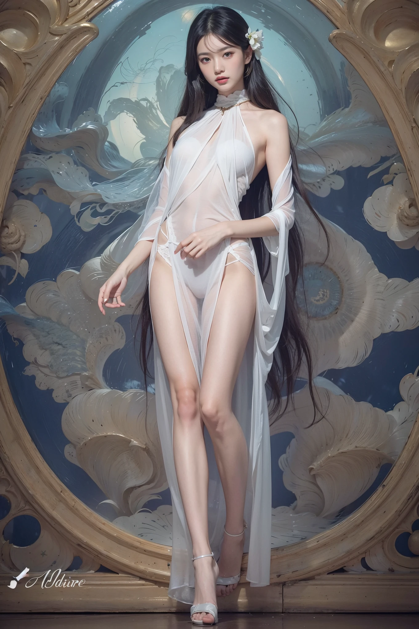 ((aeolian)), 1 girl, beautiful face, Princess, (naked), very long black hair, slim body with long legs, shiny skin, autumn forest background, wearing high heels, camera view from the side, full body view, sitting on table