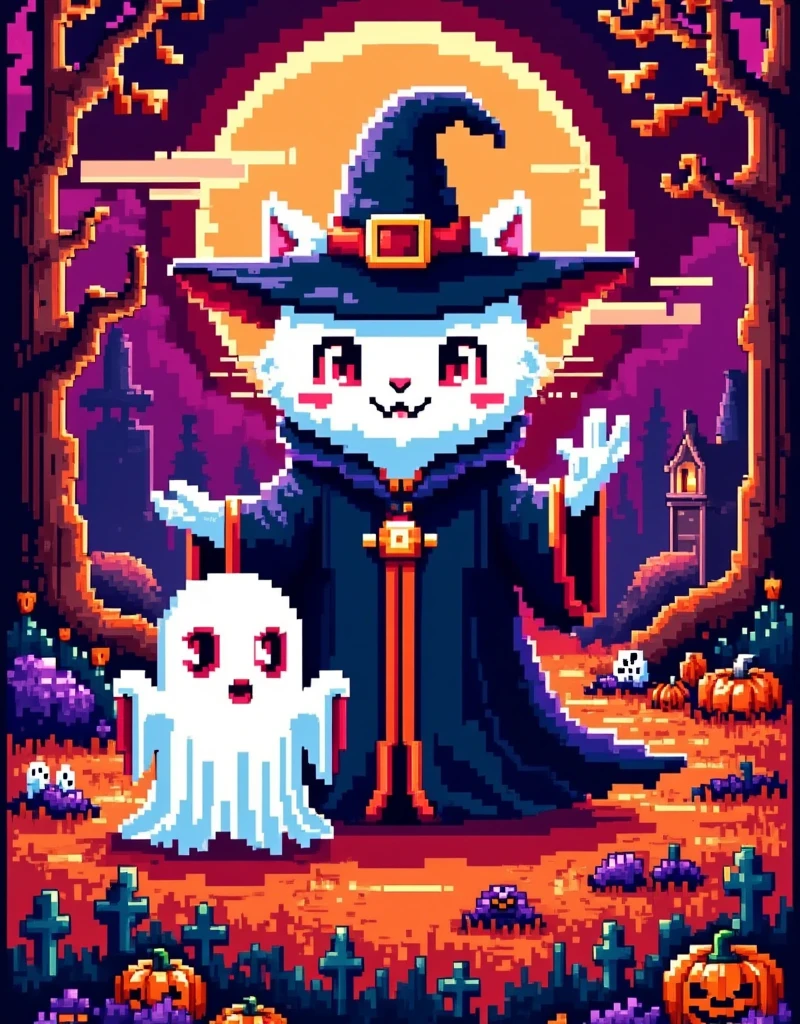 Retro Pixel Games ， An image of a scribbled white cat head and a little ghost posing with a small ghost， wearing a Halloween glowing pumpkin wizard hat ， wearing a black vampire robe ， partial close-up of the front ， proud look ，Light pink blush ，Fluffy，cute，grace，(pixel style)，Unique shape，Colorful，Bright colors， A spooky cemetery ，Detailed depiction， Advanced filters ， octane rendering ， High Saturation Color ， Ethereal and weird background ，Cover Art， Gorgeous Pixel Art ， Magical fantasy art ，Halloween elements，Red and white machine，8-bit pixels， pixel style 