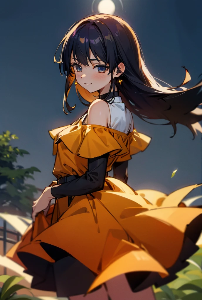 a girl ,mid long hair , off shoulder yellow top , and brown orange  skirt , happy , smiling , out side at night , in the park  , ( high quality , 4K view , detailed face) 