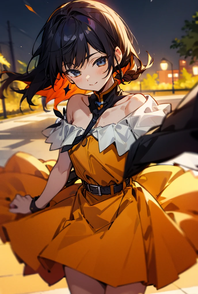 a girl ,mid long hair , off shoulder yellow top , and brown orange  skirt , happy , smiling , out side at night , in the park  , ( high quality , 4K view , detailed face) 