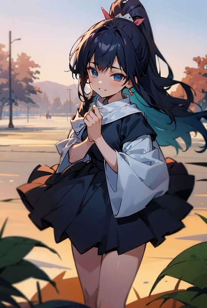 a girl ,mid long hair , off shoulder black blue top  and  skirt , happy , smiling , out side at night , in the park  , ( high quality , 4K view , detailed face) 