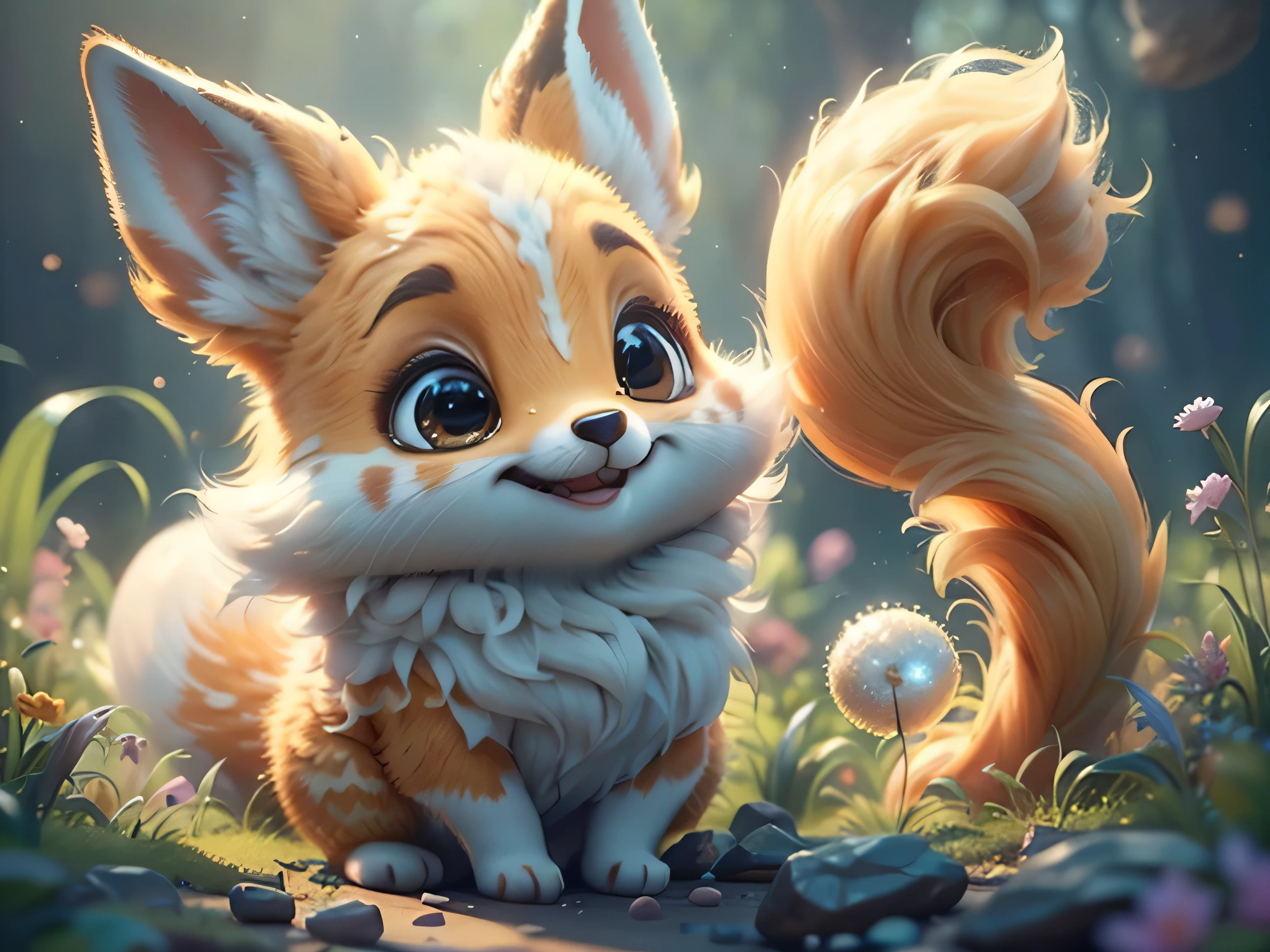 Magical Fantasy Creature, (Best Quality, Masterpiece, Representative Work, Official Art, Professional, Ultra Fine Detail, 8k:1.3) Fox Spirit, Super Cute, Big Eyes, Soft, Delicate Nose, Fluffy, Two-Toothed Smile, Cute Fennec Fox Ghost, Realistic, Beautiful, Sparkling, Stars in Eyes, Star Pearl, Fox Lights, Soft Volumetric Light, (Backlight:1.3), (Cinematic:1.2), Intricate Details, (ArtStation:1.3), --auto --s2