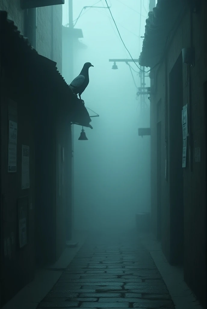 A misty morning shrouds the entire alley, rendering everything vague and unclear. Footprints on the stone pavement stand out as the only clear feature. Weathered posters and notices adorn the walls, with faded text barely visible. In the distance, distant bell chimes echo through the air, seemingly from another world. A pigeon perches quietly atop a wall, gazing forward with keen attention.