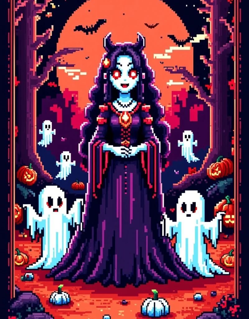 smoke，fear，dark， whimsical and dreamy ，Using neon ， bright colors and smooth textures ， large black curls adorned with wool felt red hearts ， The image shows a stylized retro pixel game {x} An imaginative surreal image on the background of a romantic Halloween monster， forms ， in a mysterious and ultra-detailed depiction 。 characters standing at the center of the composition ， Halloween makeup girl creates an ethereal atmosphere。 artistic photography details ， ultra-detailed realistic portraits ， A spooky cemetery ，Detailed depiction， Advanced filters ， octane rendering ， High Saturation Color ， Ethereal and weird background ，Cover Art， Gorgeous Pixel Art ， Magical fantasy art ，Halloween elements，Red and white machine，8-bit pixels， pixel style 