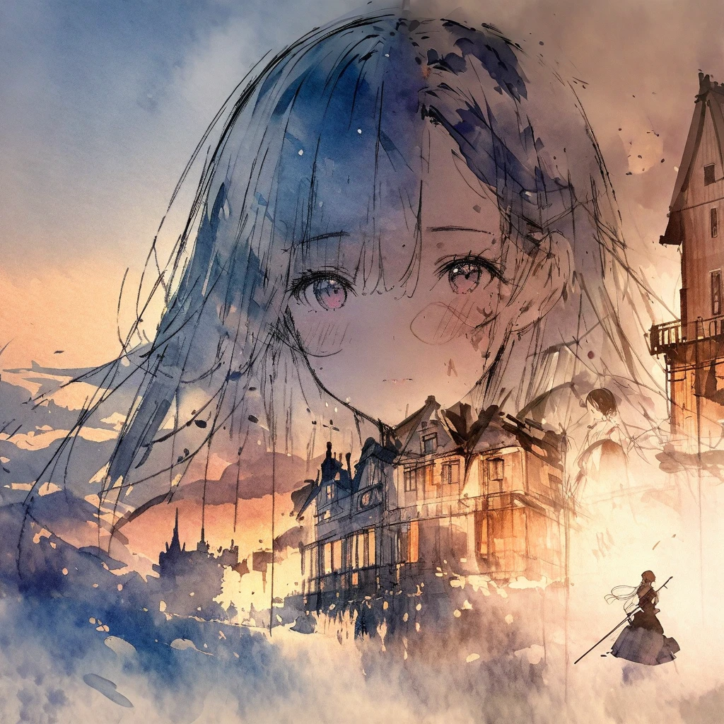 ((sketch:1.5)), ((watercolor:1)), Double Exposure of a Beautiful and Delicate Woman (The face is clear and perfect)image，Background、 Perfect Ultra Detailed Victorian Scenery , beautiful,  complicated illustration,  Artwork Concept Artwork, break,(どこにいるかよりも、 Which Way Are You Facing Rather Than Where You Are ),