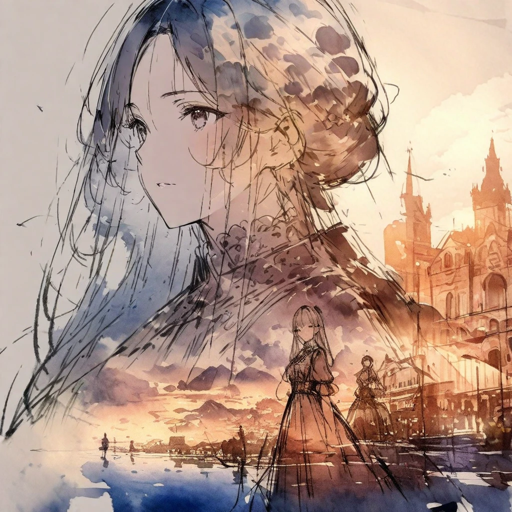 ((sketch:1.5)), ((watercolor:1)), Double Exposure of a Beautiful and Delicate Woman (The face is clear and perfect)image，Background、 Perfect Ultra Detailed Victorian Scenery , beautiful,  complicated illustration,  Artwork Concept Artwork, break,(More than where they are、 Which Way Are You Facing Rather Than Where You Are ),