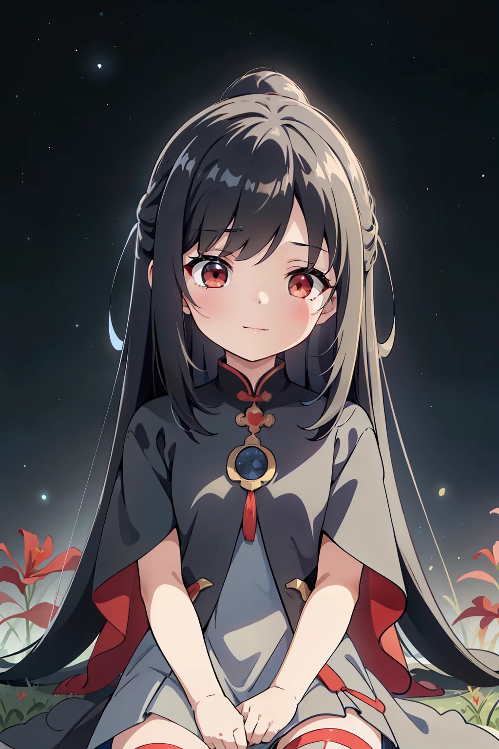 (high-quality, breathtaking),(expressive eyes, perfect face) portrait, 1girl, Symmetrical Eyes, , short height, adolescent, black hair, red eyes, black and red trim dress, long cloak, knee high socks, small boots, medium full shot, cowboy shot, red spider lily, long hair, stylized hairstyle, cute smile, age 5, cuteothing, black background, starry sky, blue lighting, moon background, green field, field of red flowers, nebula sky, jing liu, ren\(character\)