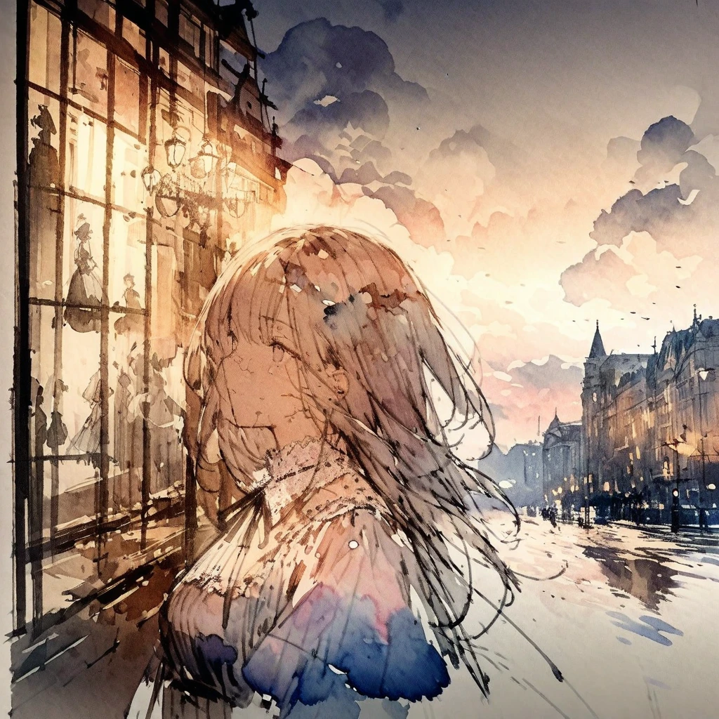 ((sketch:1.5)), ((watercolor:1)), Double Exposure of a Beautiful and Delicate Woman (The face is clear and perfect)image，Background、 Perfect Ultra Detailed Victorian Scenery , beautiful,  complicated illustration,  Artwork Concept Artwork, break,( if I don't get sicon't need treatment ),