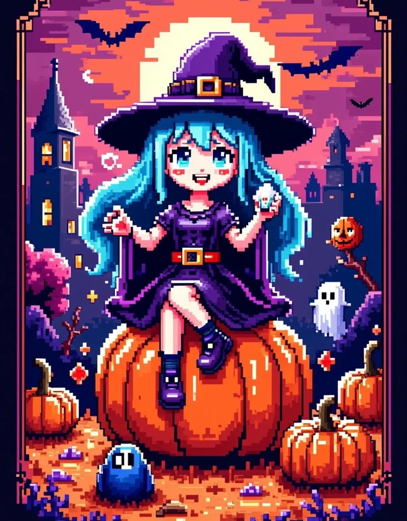 Retro Pixel Games ，Halloween Night，（ cute sitting on a pumpkin ， holding a sparkling glass sugar jar in her hand， blue hair and a witch's hat ，Full body portrait， bright moonlight at night ， surrounding city buildings ， simple background ，colorful lights ），（pixel style），Food sculptures ，Unique shape，Colorful，Bright colors， Standing on a high-end transparent jade plate ， A spooky cemetery ，Detailed depiction， Advanced filters ， octane rendering ， High Saturation Color ， Ethereal and weird background ，Cover Art， Gorgeous Pixel Art ， Magical fantasy art ，Halloween elements，Red and white machine，8-bit pixels， pixel style 