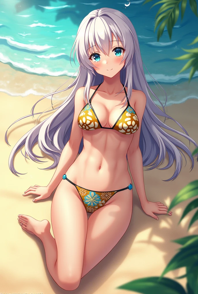 ((Best Quality)), (ultra-detailliert), ((Extremely detailed)), (Beautiful), ((Kawaii Girl)),(two side up hair)、((masutepiece)),Platinum Blonde Hair,Long hair, hair between eye, Wavy Hair, Long sideburns,Jade colored eyes, White skin,Normal Chest,Slender body,side tie bikini bottom、Sandals,in beach,One Woman,Anime