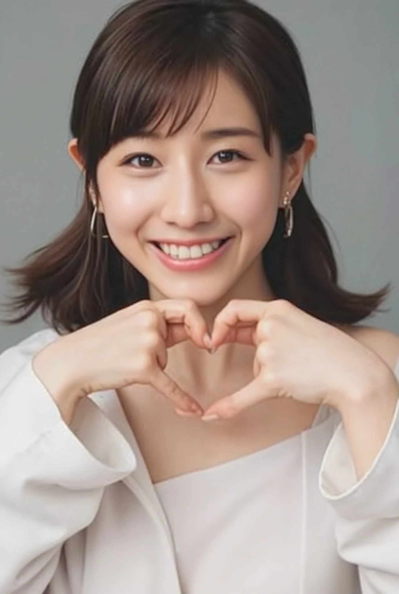 They are wearing off-shoulder pajamas, making a firm big heart shape with both hands, and holding them in front of their chest, View above collarbone、Throat up for a cute smile、Monotone background

