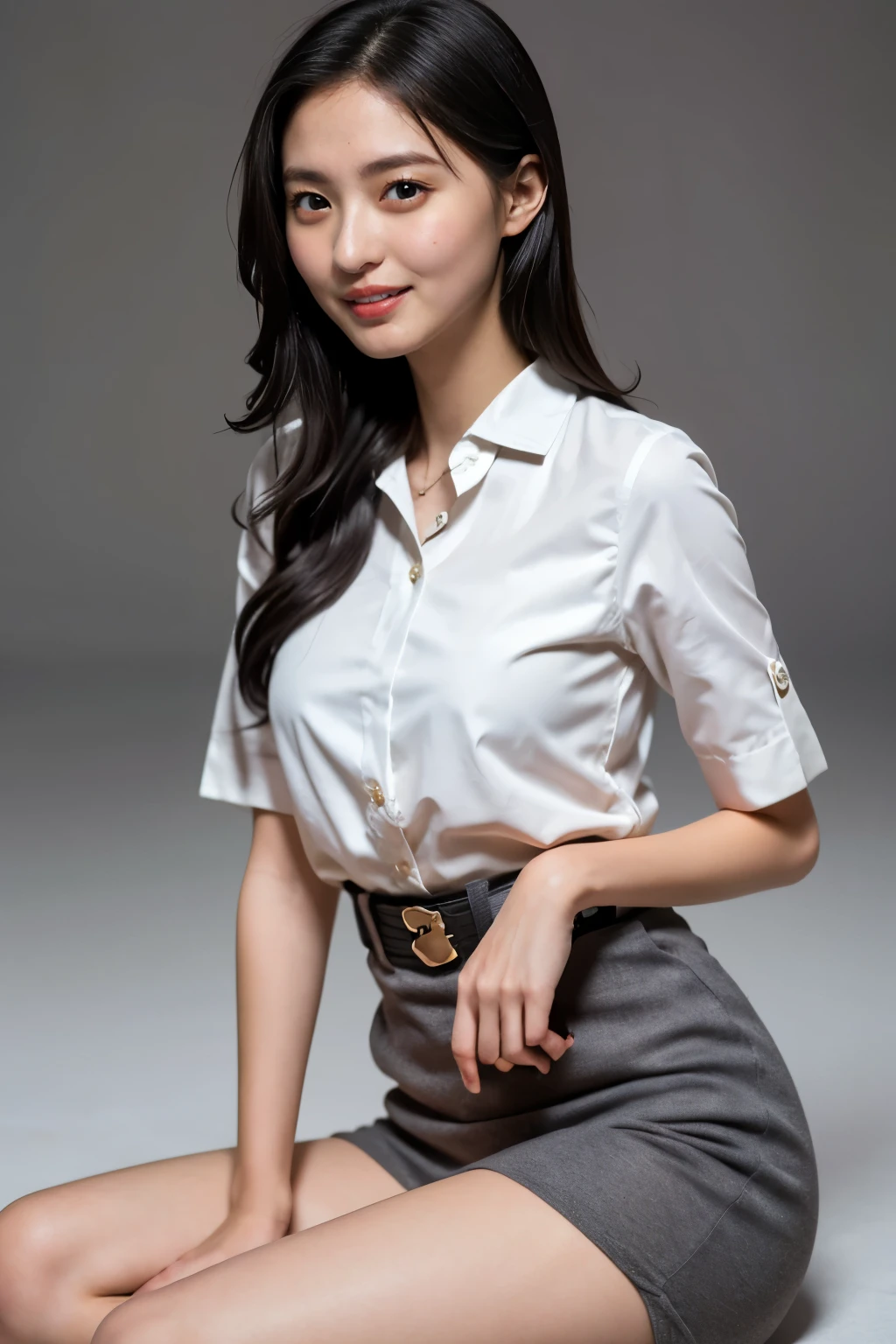 Highest quality,masterpiece,Ultra-high resolution,(Actual:1.4),Original photo,Ultra-high resolution,8K,There are also women,She is sitting on the floor. Fair skin、She is wearing a short-sleeved white blouse ,She is smiling,
Long legs:1.5,Bright and beautiful,high waist,,Gray background,