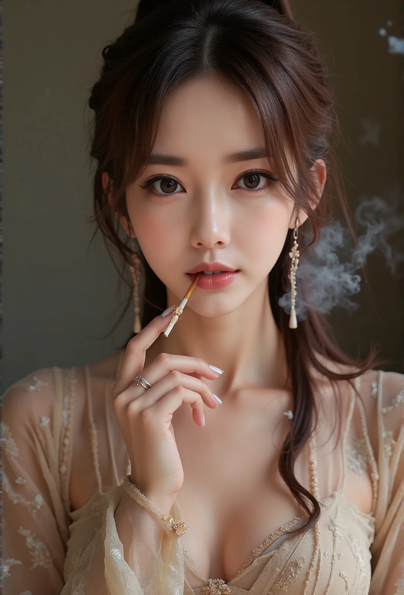 Beautiful, sexy, cute Asian girl, smoking a cigarette, wearing ancient Chinese latex clothing.