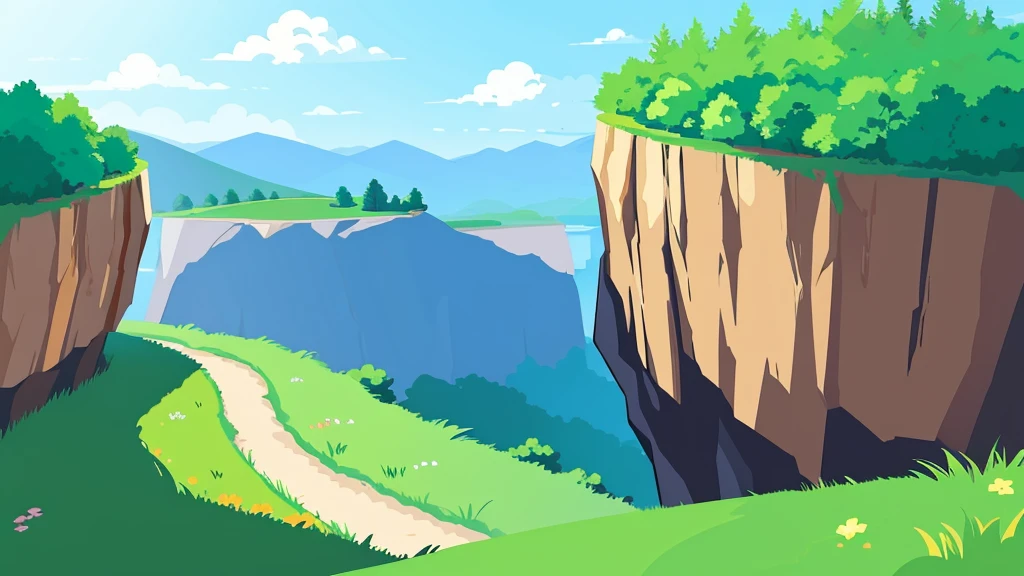 simple Grassy landscape next a cliff in the pokemon world, vector art