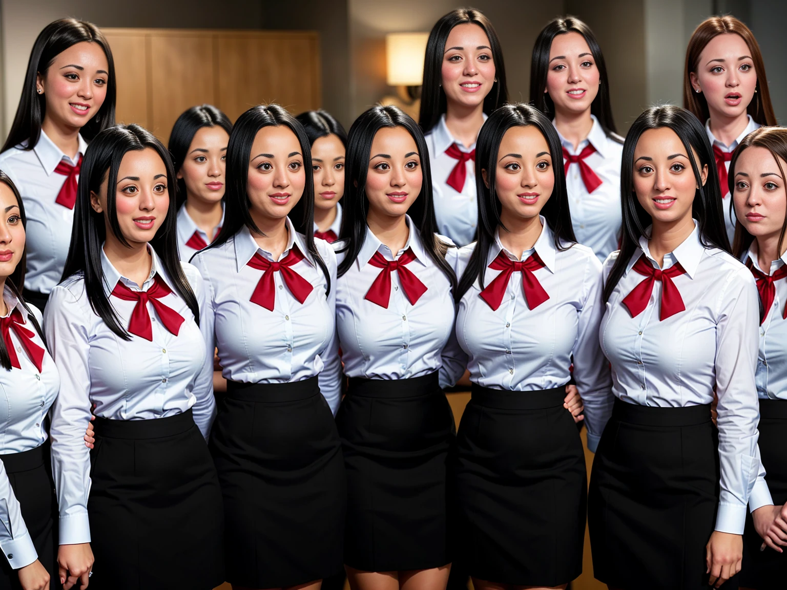 A large group of smiling busty black-haired clones wearing identical clothing, dress shirt, red bow on shirt, black pencil skirt, Kaley Cuoco, k4l3yc