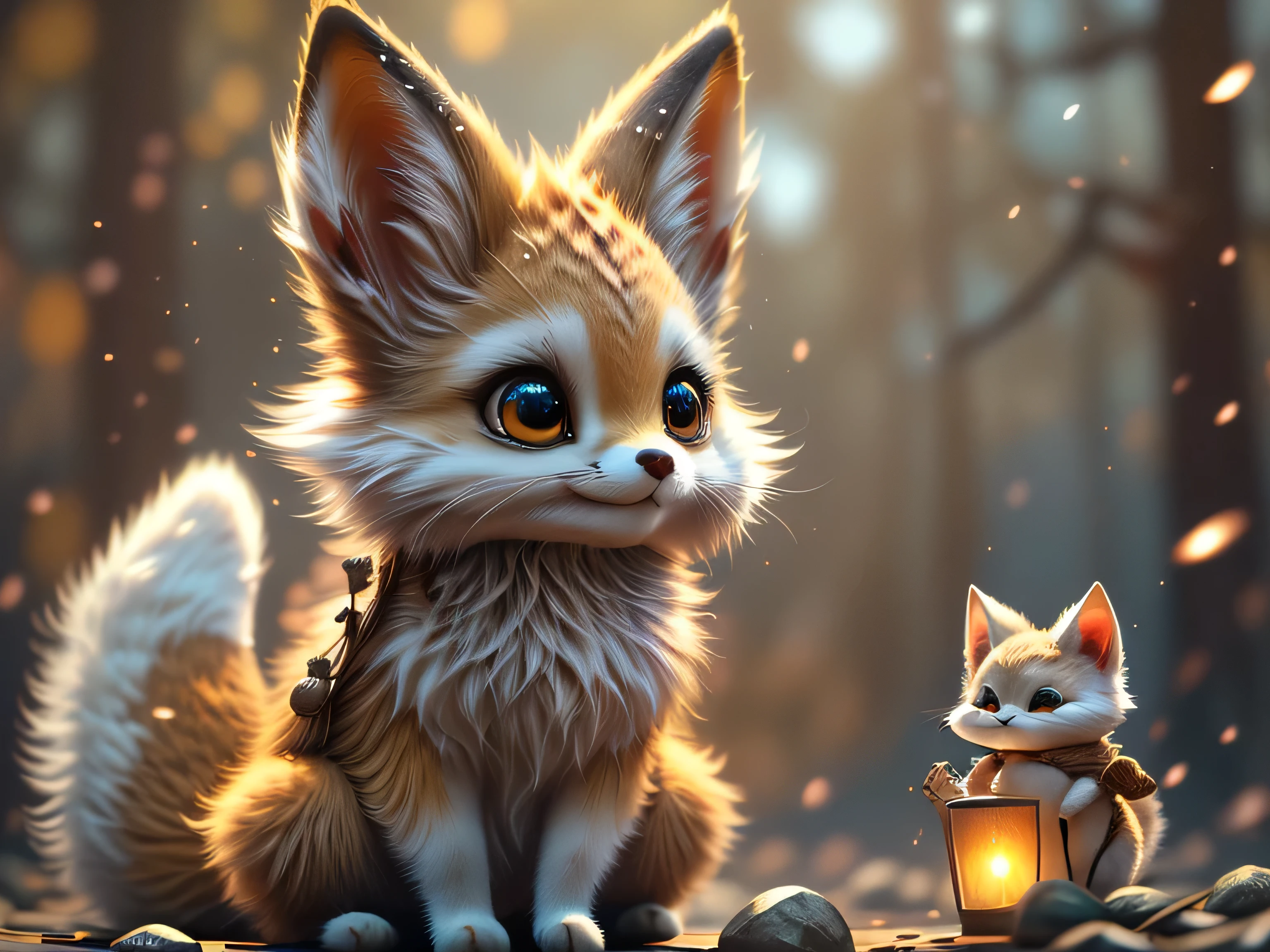 Magical Fantasy Creature, (Best Quality, Masterpiece, Representative Work, Official Art, Professional, Ultra Fine Detail, 8k:1.3), (Photorealism:1.2), Fox Spirit, Super Cute, Big Eyes, Soft, Delicate Nose, Fluffy, Two-Toothed Smile, Cute Fennec Fox Ghost, Realistic, Beautiful, Sparkling, Stars in Eyes, Star Pearl, Fox Lights, Soft Volumetric Light, (Backlight:1.3), (Cinematic:1.2), Intricate Details, (ArtStation:1.3), --auto --s2