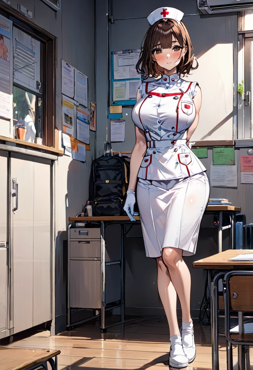 (((Best quality))),(((master piece))),smooth skin, (anime),one woman, high school student, brown hair, hime-cut, asymmetry bangs, brown eyes, catch light,(detailed eyes), blush, narrow eyes, Nurse, white Nurse uniform, sleeveless, white surgical gloves,standing, big tits,,  full hip, slender, full body, from front, at classroom