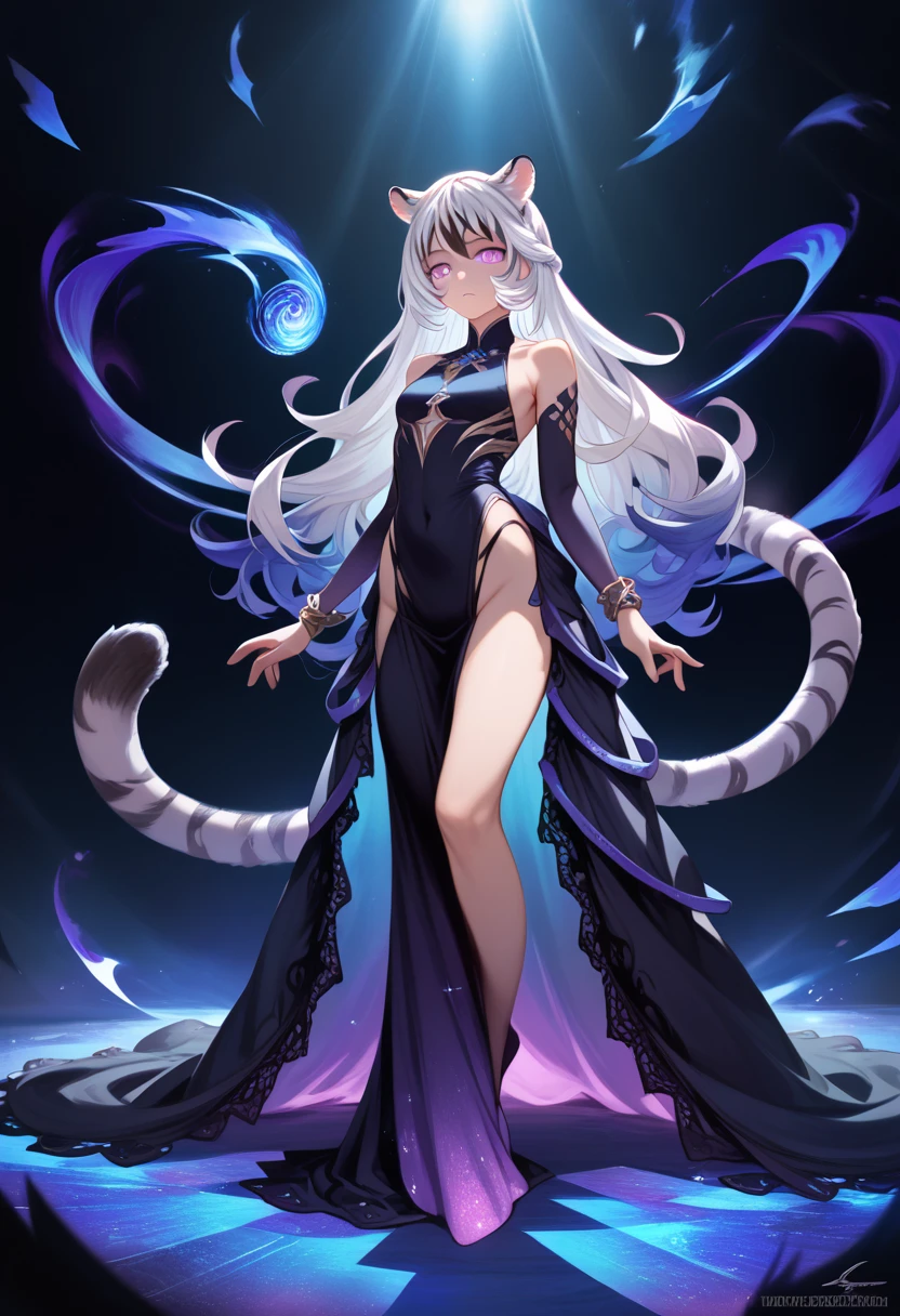 1girl, long hair, white tiger ears, white tiger tail, purple eyes, glowing eyes, full body, purple dress, black dress, multicolored dress, bracelet, white hair, two-tone hair, (best quality,4k,8k,highres,masterpiece:1.2),ultra-detailed,(photorealistic:1.37),detailed facial features,extremely detailed eyes and face,detailed hair,elegant,fantasy,magical,mystical,cinematic lighting,dramatic lighting,vibrant colors,vivid colors