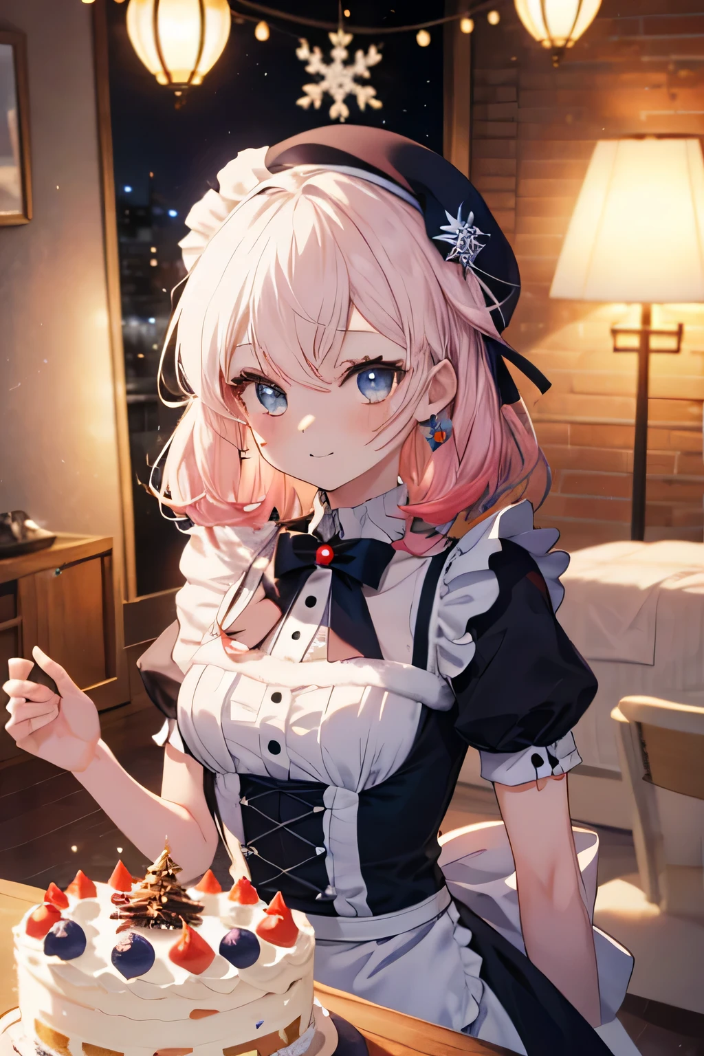 Maid without a headdress girl, fondo room,  floating with joy, Background house (room), complete anatomy, 3D,  ornament of an accessory shaped like a flower on the head, aura, graphic effects, first person, white beret, Otaku birthday cake(They form anime), Christmas ornaments 