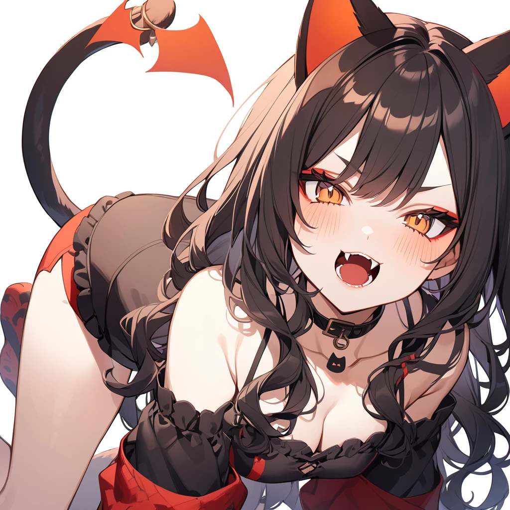 beautiful woman, long wavy black hair, brown eyes, cat ears and tail, fangs, demon horns, Red Eyeliner, 