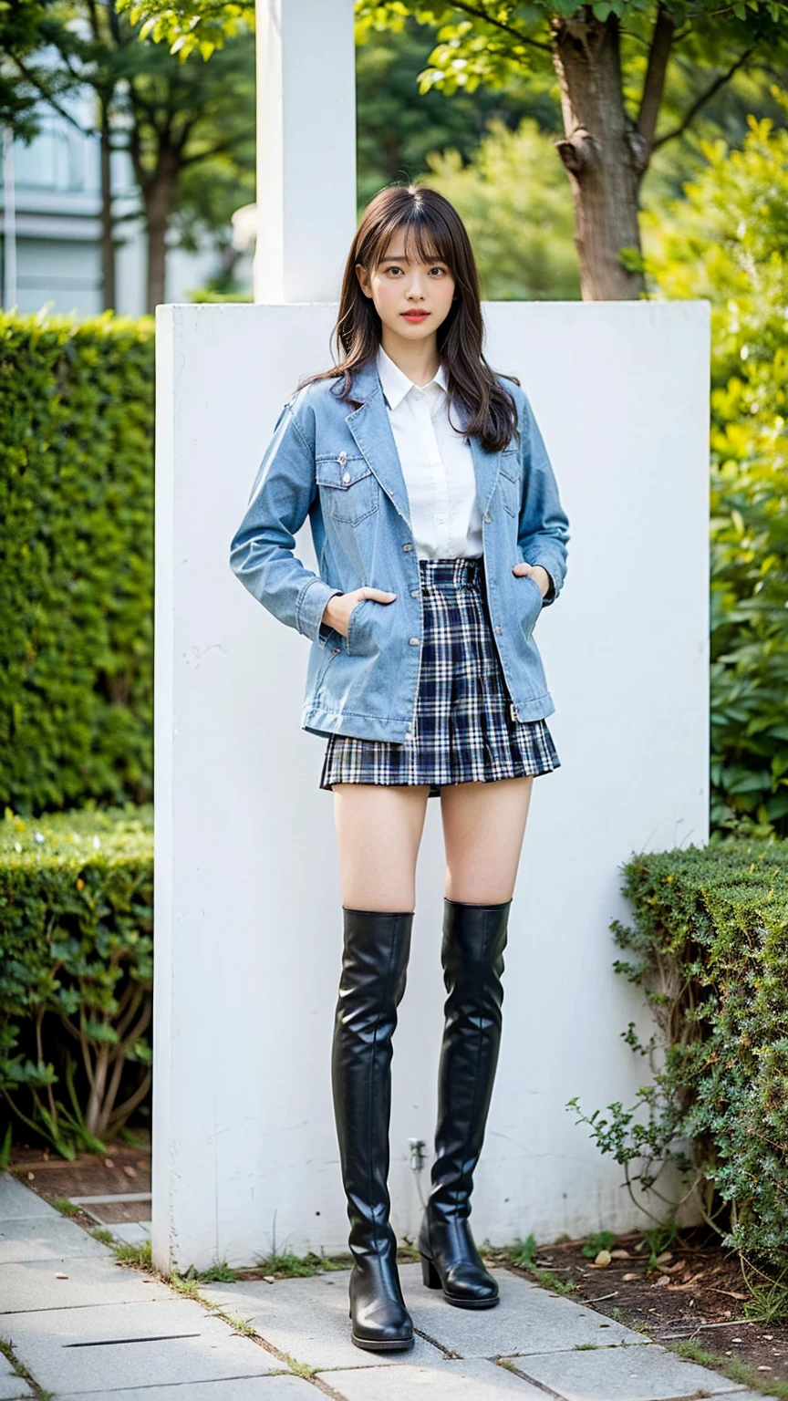 (8k、RAW photo、Best Quality、masterpiece:1.2)、(Realistic、Realistic)、1 person、((Light blue jacket、uniform、 plaid mile、 big breasts at the temple、 medium hair、Black boots、Thin legs、whole body、garden、 standing with hands on hips )、cute