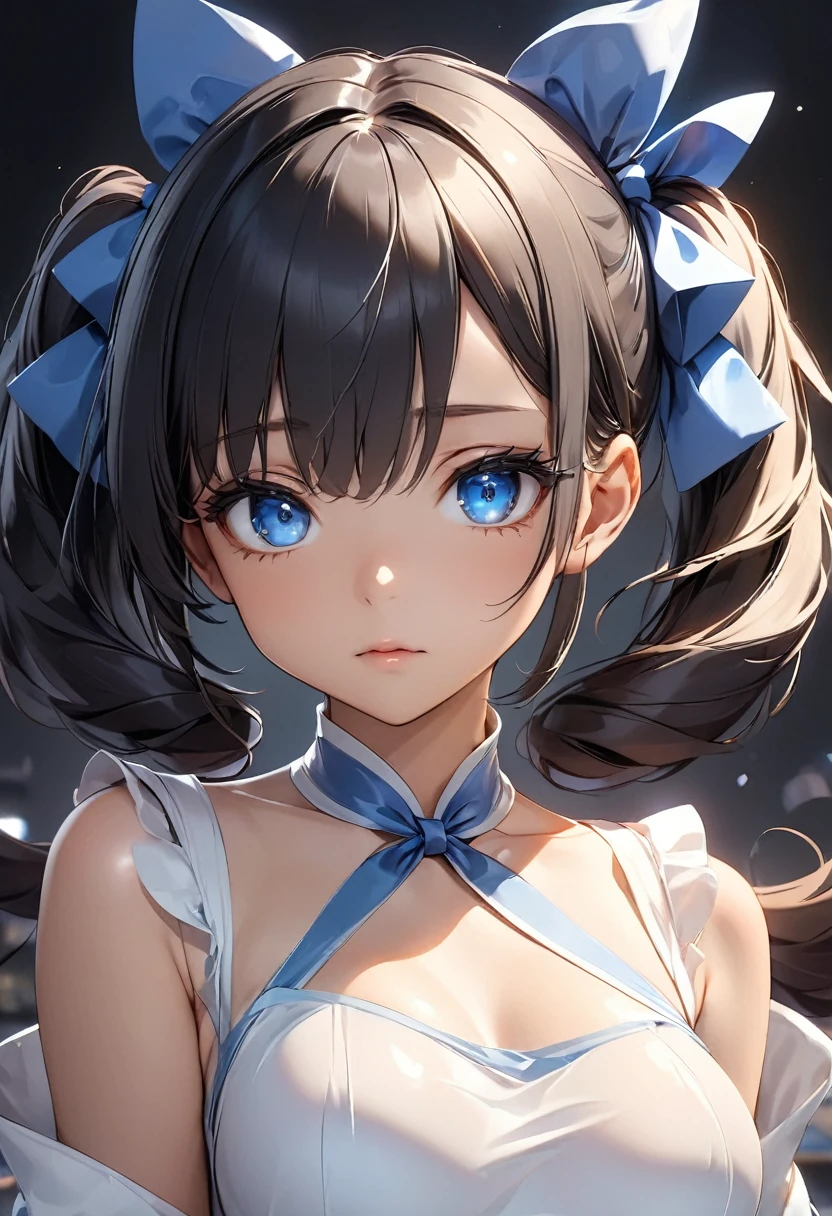 Black background with spotlight, Long eyelashes, Twin tails, Black Hair, Air decoration, white dress, blue bowtie, Cleavage cutout, Blue Ribbon, Arm ribbon, short dress, white gloves, barefoot, blue bow, blue bowtie, bow, bowtie, Cleavage, Cleavage cutout, Clothing cutouts, dress, gloves, pencil dress, (Rei no himo:1.5), short dress, white dress, white gloves, masterpiece:1.3),