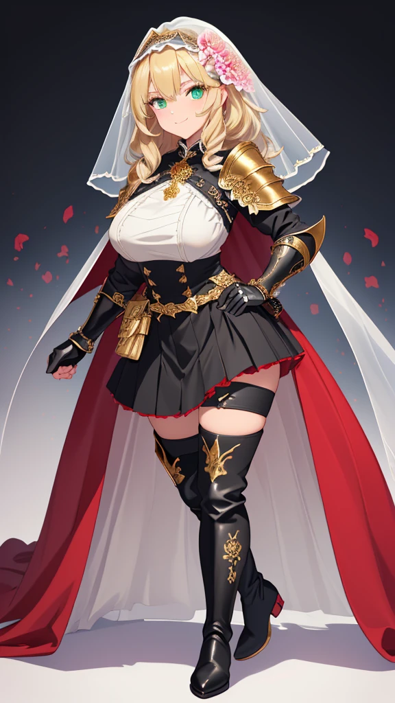 masterpiece, Best Quality, (( no background)),(((((white short veil decorated with flowers))))),((1 red cloak on the shoulder ,Black leather armor with luxurious gold embellishments on the upper body,Full body standing painting of a tall woman )), huge breasts, Bust-length blonde ,Pale skin,smile,closed mouth,Green Eyes,wavy hair, Belt pouch on waist, ((( Black Thigh-High Boots ,Black Gauntlets,   Black Ruffle Skirt))) , Narrow eyes,  holding nothing in hand, Arched eyebrows,Young lady