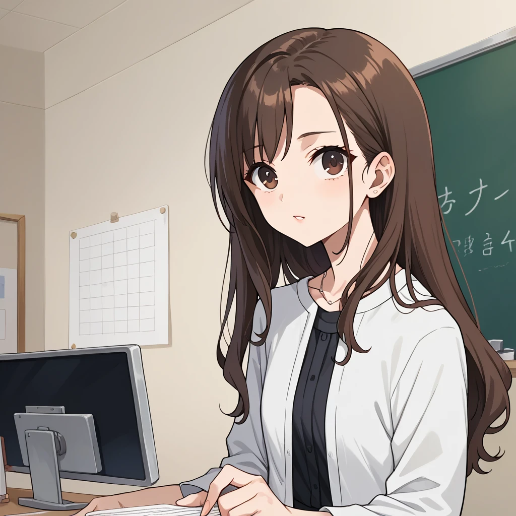 score_9, score_8_up, score_7_up, score_6_up, score_5_up, score_4_up, 1girl, Alone, beautiful brown eyes, long brown hair, black blouse, white skirt, white vest, long sleeve, art teacher 、 pretty sister、anime screen cap, masterpiece, best quality, 8k, hyperrealistic, extremely detailed, anatomically accurate, highly detailed skin