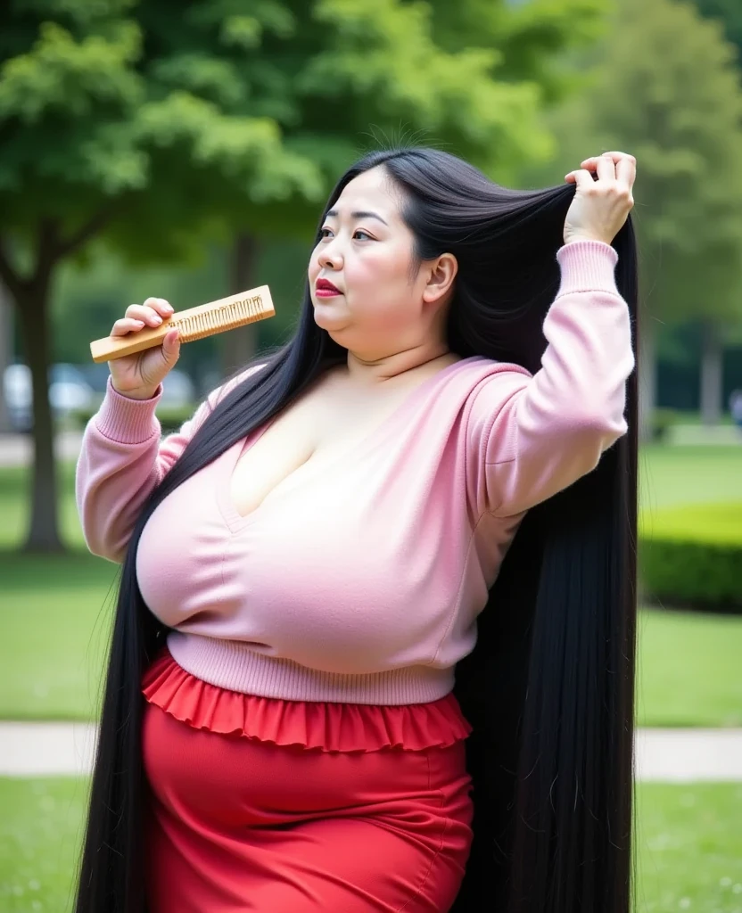 8k,Highest quality, masterpiece, Ultra-high resolution,(masterpiece:1.6, Highest quality), Intricate details, 1 female,Middle-aged woman in her 50s, japanese, full body, from side, ((dynamic pose:1.4)),top of head, ((Absurdly long hair:1.5)), ((jet Black Hair)), ((forehead:1.5)), Extremely obese, Fat face, round face, Saggy face, crow's feet wrinkies, ((huge breasts, gigantic breasts:1.5)), ((super Saggy breasts:1.5)), ((cleavage:1.5)), pale skin, shiny skin,red lips,((Mature woman combing her ridiculously long black hair with a wooden comb in the park, pink sweater,Red ruffle skirt:1.5))