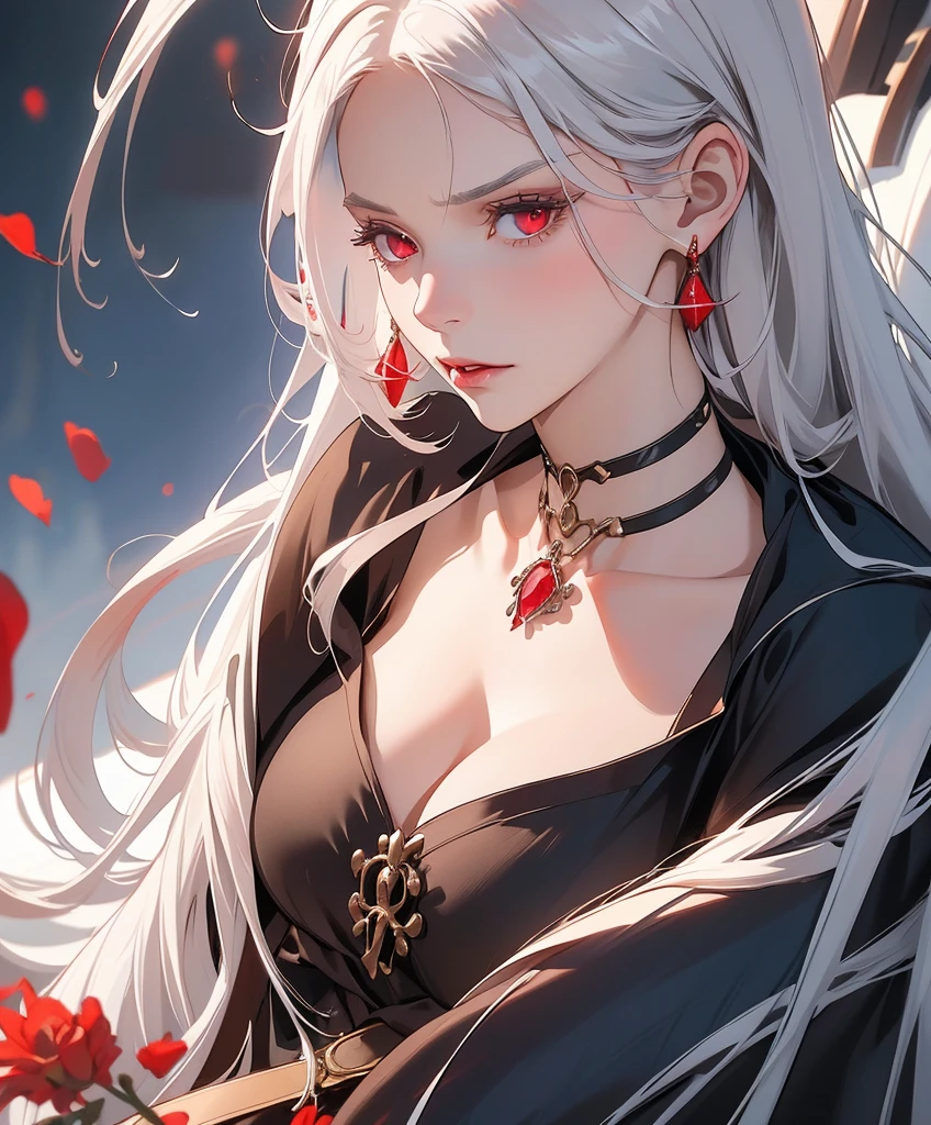 Realistic Portrait, Elegant mature woman (1 female), with deep red eyes, white hair, long hair, ruby amulet, focus on the face, close-up shot, cleavage, gothic black dress, portrait, one girl, white hair, red eyes, disgusted face, front view, only upper body, up to waist, soft light, high detail, 4k resolution, high quality, beautiful CG