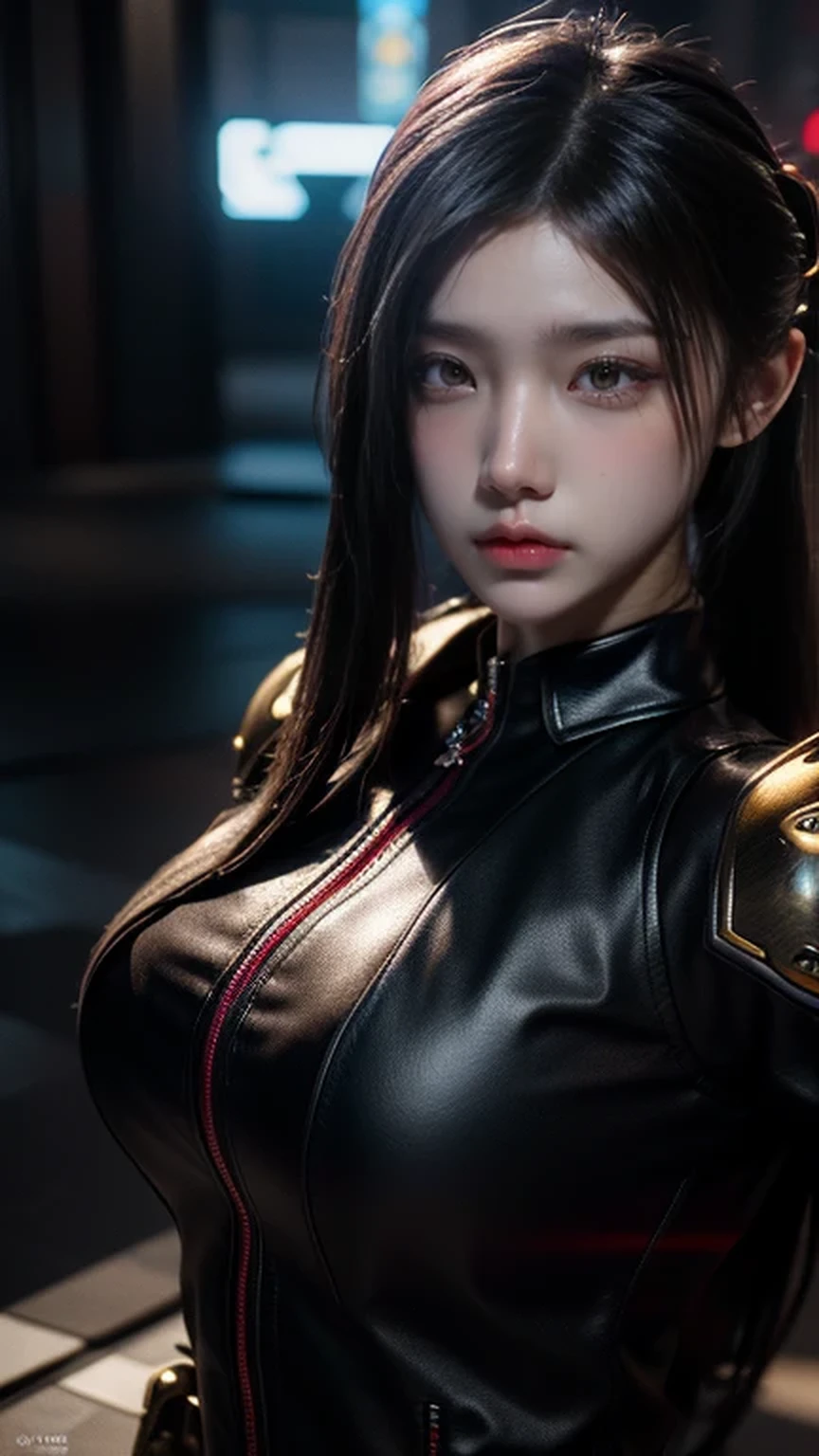 Game art，The best picture quality，Highest resolution，8K，(A bust photograph)，(Portrait)，(Head close-up)，(Rule of thirds)，Unreal Engine 5 rendering works， (The Girl of the Future)，(Female Warrior)， 22 year old girl，(Female hackers)，white hair, (White，Ancient Oriental hairstyle)，((The pupils of the red eyes:1.3))，(A beautiful eye full of detail)，(Big breasts)，(Eye shadow)，Elegant and charming，indifferent，((Anger))，(Cyberpunk jacket full of futuristic look，Joint Armor，There are exquisite Chinese patterns on the clothes，A flash of jewellery)，cyberpunk characters，futuristic style， photo poses，city background，Movie lights，Ray tracing，Game CG，((3D Unreal Engine))，OC rendering reflection pattern