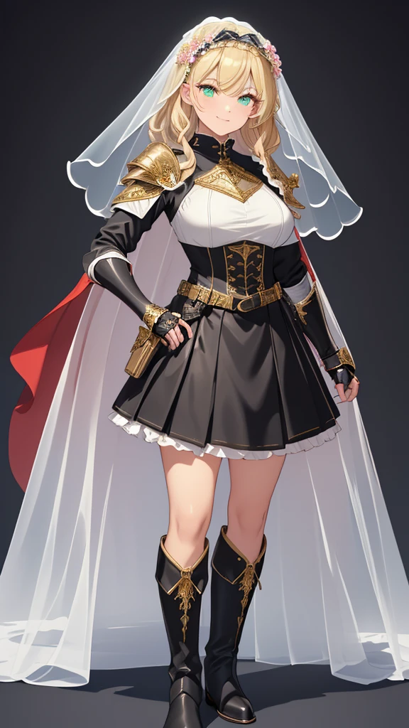 masterpiece, Best Quality, (( no background)),(((((white short veil decorated with flowers))))),((one red cloak on the shoulders, black leather armor with luxurious gold decoration on the upper body,Full body standing painting of a tall woman )), huge breasts, Bust-length blonde ,Pale skin,smile,closed mouth,Green Eyes,wavy hair, Belt pouch on waist, ((( Black Thigh-High Boots ,Black Gauntlets,   Black Ruffle Skirt))) , Narrow eyes,  holding nothing in hand, Arched eyebrows,Young lady