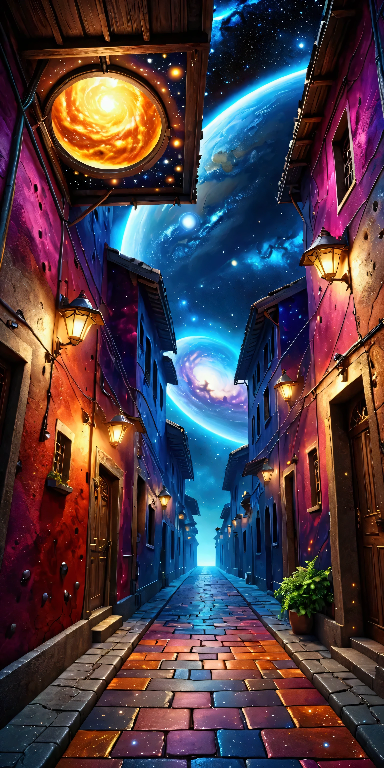 mysterious alley in the space galaxy. BREAK .background\(cosmic, space, stars\), long shot, long view, BREAK ,quality\(8k,wallpaper of extremely detailed CG unit, high resolution, top-quality, top-quality real texture skin, hyper realistic, increase the resolution, RAW photos, best quality, highly detailed, the wallpaper,golden ratio,high saturation realism, vibrant colors, dramatic lighting, persuasive storytelling, atmospheric scenery, captivating visuals, intricate details, strong emotions,dreamlike world\)