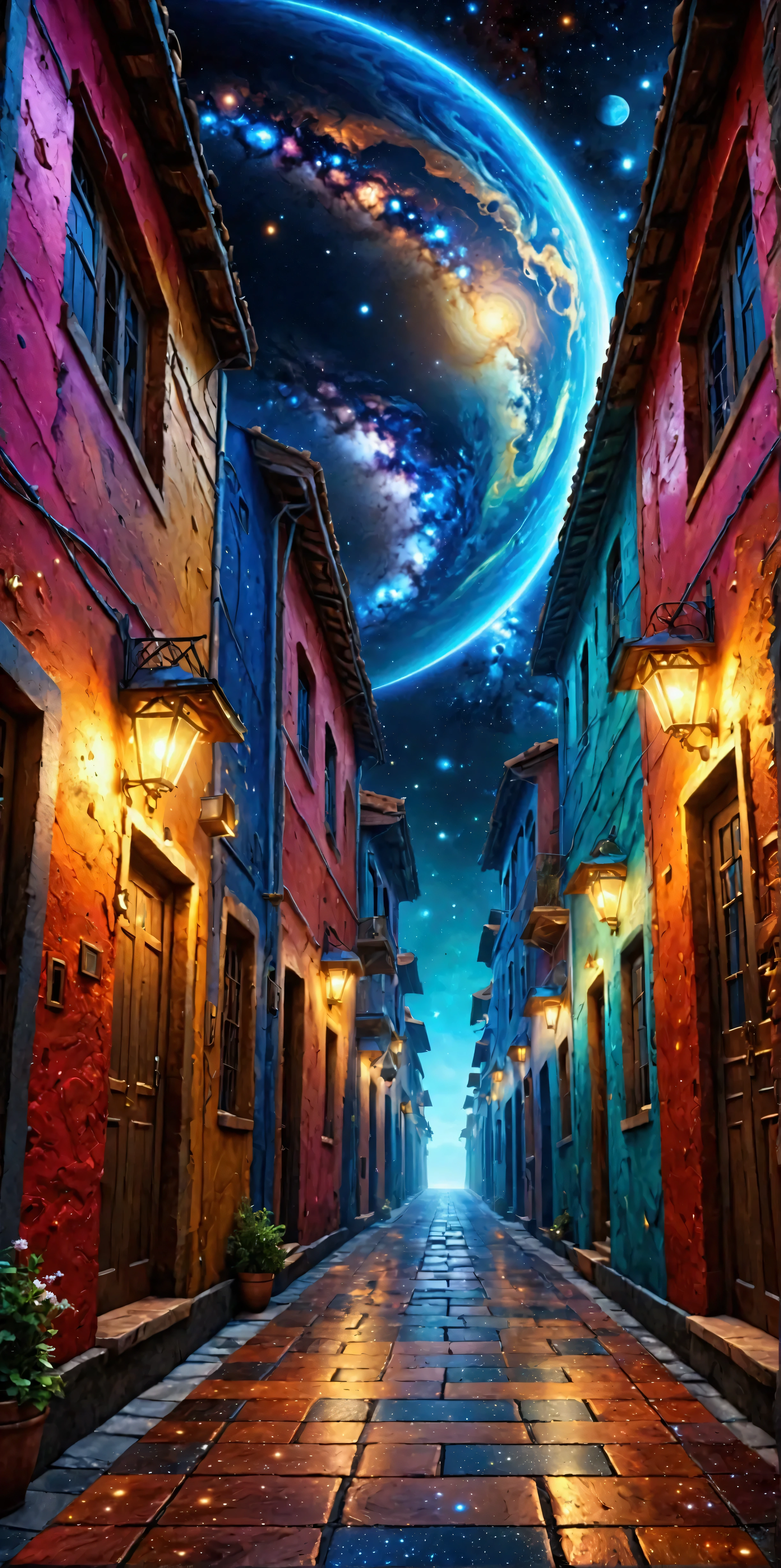 mysterious alley in the space galaxy. BREAK .background\(cosmic, space, stars\), long shot, long view, BREAK ,quality\(8k,wallpaper of extremely detailed CG unit, high resolution, top-quality, top-quality real texture skin, hyper realistic, increase the resolution, RAW photos, best quality, highly detailed, the wallpaper,golden ratio,high saturation realism, vibrant colors, dramatic lighting, persuasive storytelling, atmospheric scenery, captivating visuals, intricate details, strong emotions,dreamlike world\)