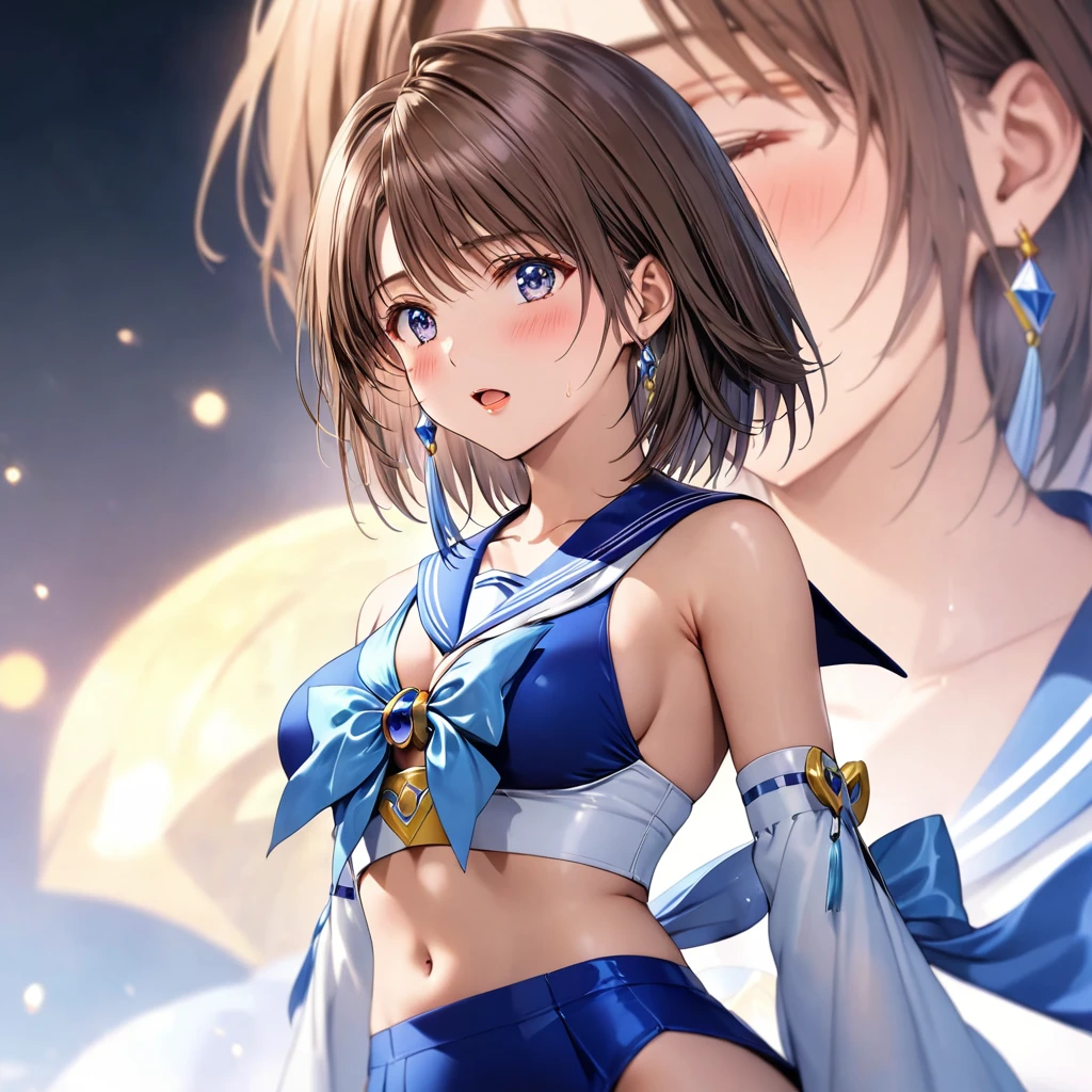 masterpiece, Best Quality, High resolution,16k,official art,super detailed skin,detailed,animated painting,(Yuna),(Final Fantasy 10),1990s \(style\),(E-cup beautiful breasts)、 (tall:1.2),height: 175cm,Fashion model body type、(sailor mercury costume:1.5),Sexy long legs,Navel exposed,Abdominal muscles、Sweating all over the body、vapor、Muscular、1girl,nsfw,shy,(Ahegao:1.2),blush,(vulgarity:1.2)、Anime-style painting style,Brown Hair,shortcut hair、Close up on upper body,Cinematic lighting,Superfine,magnificent view,Seductively Posing,extreme closeup shot ,simple white background