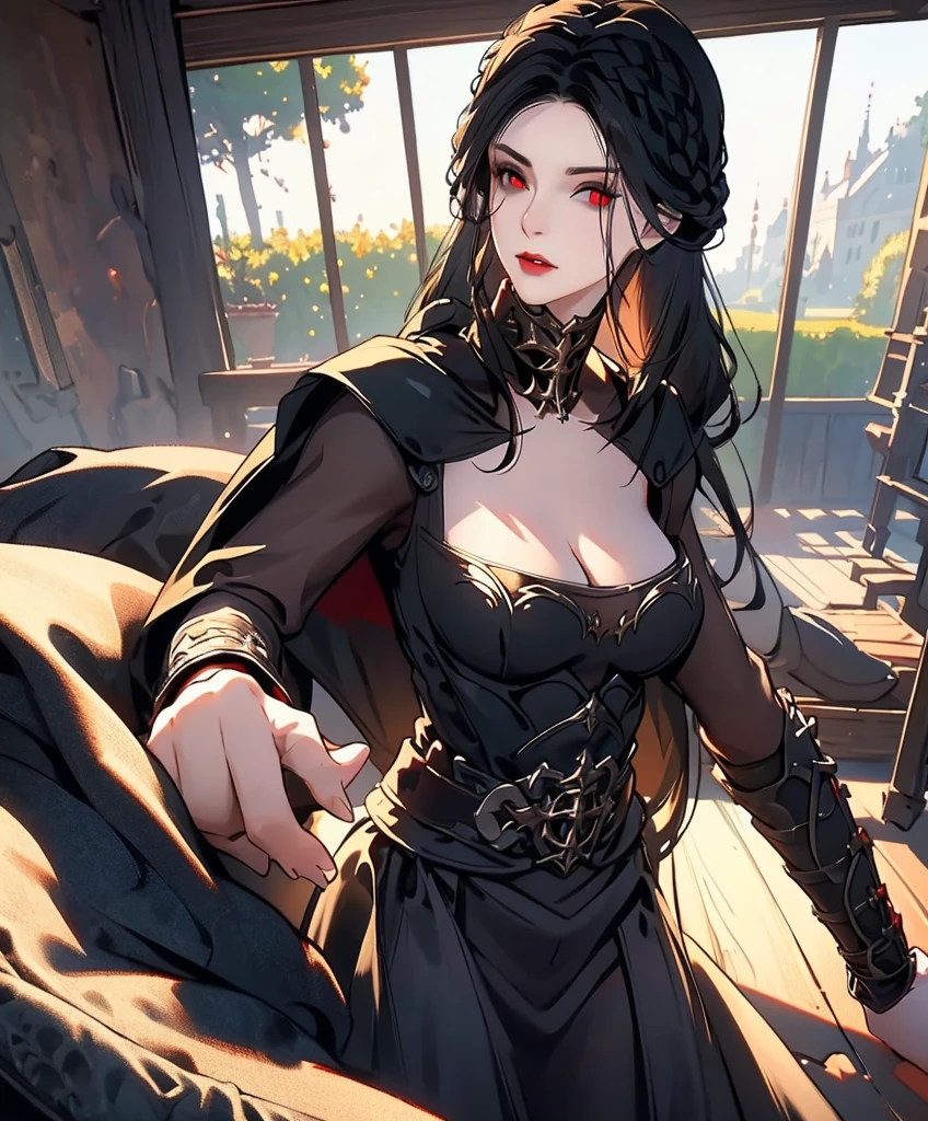 Realistic Portrait, Elegant mature woman, masterpiece, best quality, 1girl, serana, red eyes, black hair, long hair, armor, cape, red sleeves, cleavage cutout, front view of the face, looking at viewer, portrait, glaring, parted lips, from below, indoors, caslte, front view, only upper body, up to waist, soft light, high detail, 4k resolution, high quality, beautiful CG