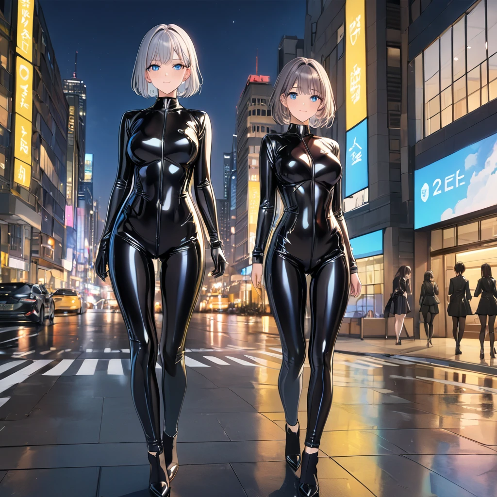 (Multiple girls),(最High image quality, 8k, masterpiece:1.3), (24 years old:1.5), (Grey Hair), ( bob cut ), (Oblique sky blue eyes), ((全身 rubber suit、 black、yellow line、no zipper 、 rubber suit、Gloss、reflection、Perfect fit、Full body shot、City、Office District、Night view)), ([Ultra Clear:1.5), (Glossy skin:1.1),(Pale skin:1.1),High image quality、Clear contours