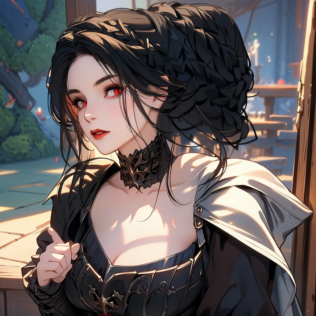 Realistic Portrait, Elegant mature woman, masterpiece, best quality, 1girl, serana, chibi, red eyes, black hair, long hair, armor, cape, red sleeves, cleavage cutout, front view of the face, looking at viewer, portrait, glaring, parted lips, from below, indoors, caslte, front view, only upper body, up to waist, soft light, high detail, 4k resolution, high quality, beautiful CG