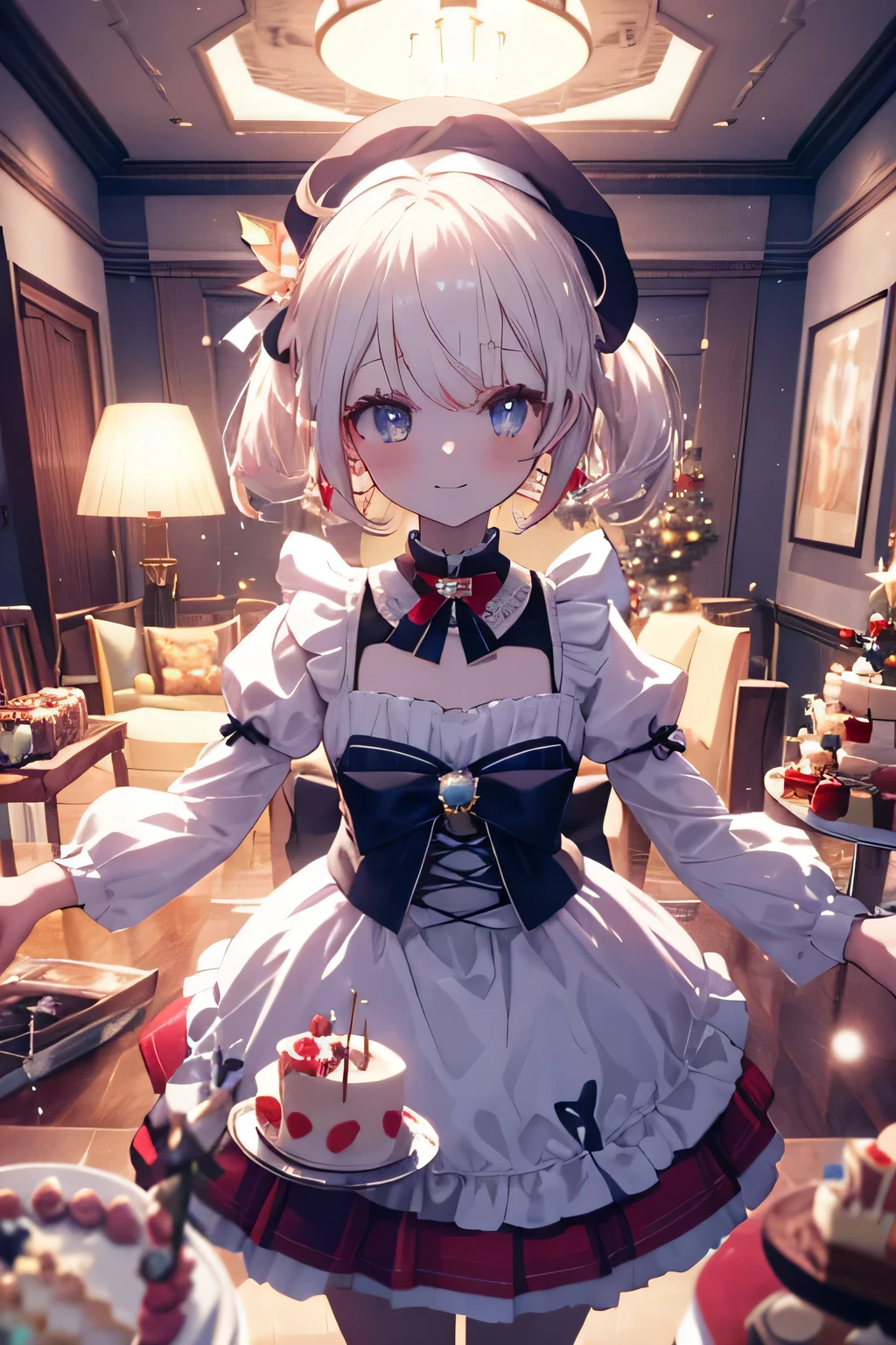 Maid without a headdress girl, fondo room,  floating with joy, Background house (room), complete anatomy, 3D,  ornament of an accessory shaped like a flower on the head, aura, graphic effects, first person, white beret, Otaku birthday cake( Laby-themed decorator), Christmas ornaments 