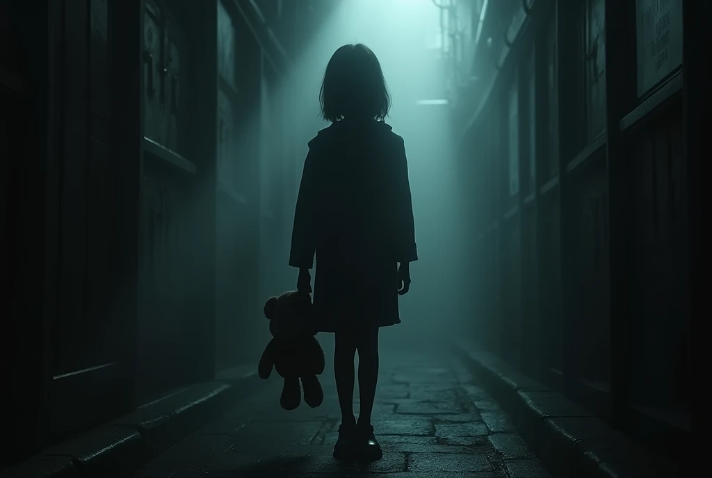 ((masterpiece, highest quality, Highest image quality, High resolution, photorealistic, Raw photo, Extremely detailed CG unified 8k wallpaper)), Dramatic Light, Volumetric Light, Mysterious Alley, A faceless girl is standing holding a stuffed toy, A  girl, her face obscured by a black mist. View from below, 